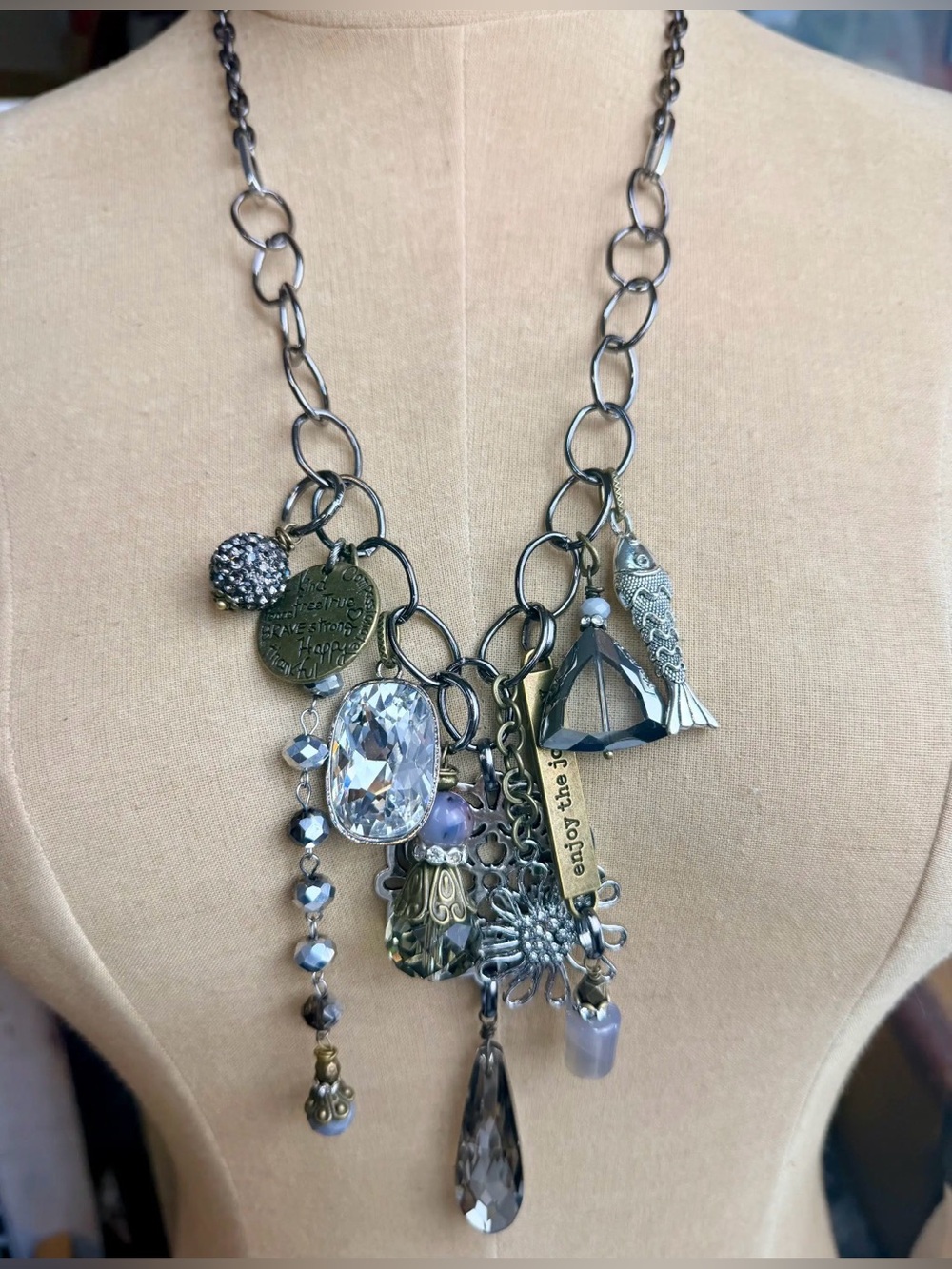 Gypsy Junk Original Gunmetal Chunky Charm Necklace with Crystal and Gray Accents